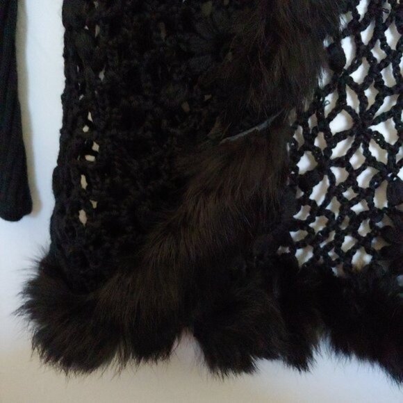 Ruby Cho Black Floral Knitted Faux Fur Sweater Sequin Open Front Romantic XL - Picture 9 of 16